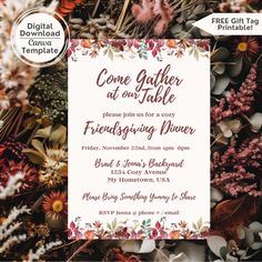 a flyer with flowers and leaves on it for a wedding or bridal dinner party