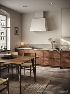 the kitchen is clean and ready for us to use in its new home, with plenty of natural light coming from the windows