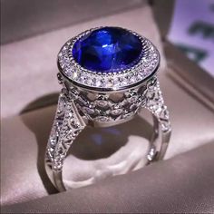 Simulated Sapphire 925 Stamped Round Blue Sapphire Ring, Round Sapphire Ring, White Crystal Ring, Ring Settings Types, Round Sapphire, Blue Stone Ring, Big Rings, Blue Zircon, Big Blue