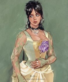 a painting of a woman in a dress with tattoos on her arm and hand holding a flower