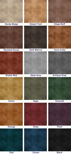 the color chart for different colors of carpeting material, including various shades and sizes