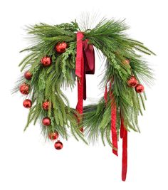 a christmas wreath with red ribbon and ornaments hanging from it's side on a white background