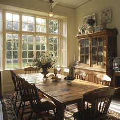 a wooden table sitting in front of a window filled with lots of windows next to a dresser