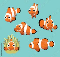 cartoon clown fish with different colors and sizes in the sea, set on blue background