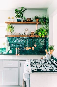 a kitchen with green tiles and potted plants on the shelf above the stove top