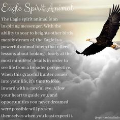 an eagle flying through the sky with clouds in front of it and a poem written below