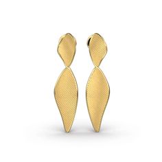 Modern dangle drop earrings in 14k or 18k gold, featuring a ribbed texture and polished edges. Shown in yellow, rose, and white gold variations, measuring 57 mm in length and 19 mm in width. Refined Drop Earrings For Anniversary, Refined 14k Gold Earrings For Formal Occasions, Refined 14k Yellow Gold Earrings, Classic Yellow Gold Drop Chandelier Earrings, Elegant Drop Earrings With Diamond Cut, Polished Finish Drop Earrings For Wedding, Elegant Polished Finish Drop Earrings, Elegant Diamond-cut Linear Earrings For Formal Events, Elegant Diamond Cut Linear Earrings For Formal Occasions