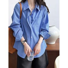 Z-211-33 Oversized Blue Office Blouse, Blue Oversized Blouse For Office, Oversized Blue Shirt For The Office, Blue Long Sleeve Blouse With Pockets, Oversized Blue Collared Blouse, Relaxed Fit Light Blue Blouse With Pockets, Blue Oversized Long Sleeve Blouse, Oversized Blue Long Sleeve Blouse, Blue Blouse With Pockets For Work