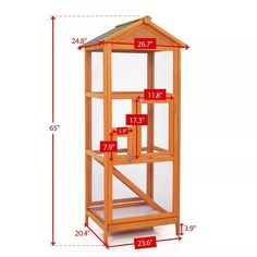 a tall wooden bird house with measurements for the top and bottom levels on each side