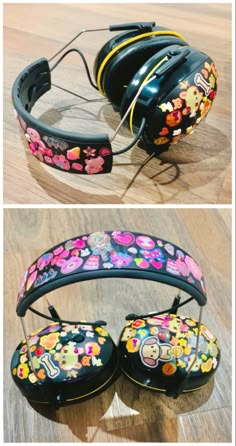 large headphones covered in pink and yellow glittery stickers Noise Cancelling Headphones Aesthetic, Diy Headphones Decoration, Sensory Headphones, Painted Headphones, Decorated Headphones, Headphones Decoration, Headphone Art, Brace Ideas, Afo Brace