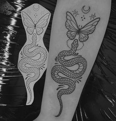 two tattoos on the legs of people, one with a dragon and another with a butterfly