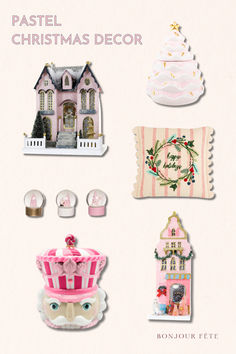 a set of christmas decorations including a doll house, pillow and other items in pink