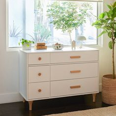 a white dresser sitting in front of a window next to a potted plant