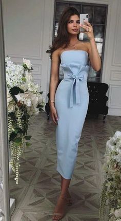 Cute Sheath Strapless Blue Satin Ankle Length Wedding Guest Dresses,Prom Party Dresses /Evening Dress,FD0287 Sukienki Maksi, Light Blue Dress, Ankle Length Dress, Wedding Guest Dresses, Guest Outfit, Blue Satin, Prom Party Dresses, Mode Inspiration, Comfortable Dress