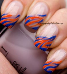 #nail #nails #nailart Royal Blue And Orange Nails, Football Nails Design, Bronco Nails, Gator Nails, Broncos Nails, Football Nail Designs, Royal Blue And Orange