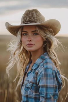 a beautiful blonde woman wearing a cowboy hat in a field with long hair and blue plaid shirt