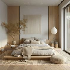 a large bed sitting on top of a wooden floor next to a tall white wall