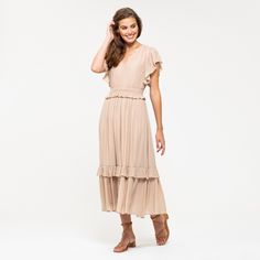 Add feminine flair to your closet with this August Sky Women's Empire Waist Dress. This midi dress is made from a soft fabric blend and a breathable design perfect for those warmer days. Featuring a cinched wasit and lined tiered skirt that allows for comfortable wear. Slip into your favorite pair of sneakers for everyday style, or amp it up with wedges and beaded earrings for a night out. Fits true to size, for a more relaxed fit we recommend you size up. Empire Waist Midi Dress, Cream Midi Dress, Outdoor Pictures, Nude Dress, Empire Waist Dress, Dress Boutique, Hem Style, Tier Skirt, Tiered Skirt