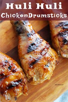 grilled chicken drumsticks on a cutting board with text overlay