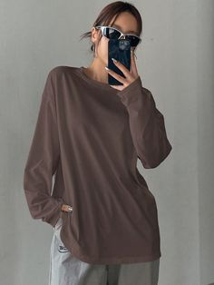 Solid Color Loose Fit Long Sleeve Women's T-Shirt, Long Length, Round Neck Brown Casual  Long Sleeve Knitted Fabric Plain  Slight Stretch Spring/Fall Women Clothing, size features are:Bust: ,Length: ,Sleeve Length: Oversized Long Sleeve Shirts, Long Sleeve Shirts Loose, Baggy Long Sleeve Shirt, Loose Long Sleeve Shirt, Baggy Shirts, Pinterest Wardrobe, Oversized Long Sleeve Shirt, Selfie Ideas, Women T Shirts