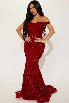 Available In Red And Rose Gold. Velvet Sequin Maxi Gown Off Shoulder Sleeveless Sweetheart Neckline Padded Bra Cups Horsehair Hem Hidden Back Zipper Dramatic Train Half Lined Stretch 100% Polyester Imported | Alora Sequin Maxi Gown Dress in Red size 1X by Fashion Nova Deep Red Prom Dress Burgundy Ball Gowns, Winning Pageant Gowns Miss Usa, Red Glitter Prom Dress, Burgundy Quinceanera, Red Glitter Dress, Prom Dress Sequin, Red And Gold Dress, Gown Off Shoulder, Hoco 2024