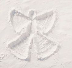 an angel made out of snow in the middle of the day with words written on it