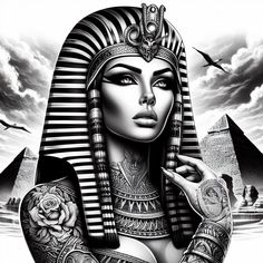 an egyptian woman with tattoos on her arm and chest, in front of the pyramids