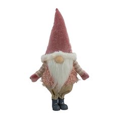 a stuffed gnome is wearing boots and a pink hat with white fur on it's head