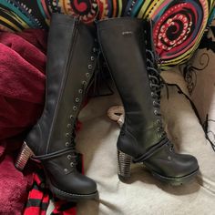 These Are Great Boots, The Lace Goes Through The Heel. They Are Brand New, New Rock Brand That I Paid To Have Imported, Then Found They Didn't Fit. Never Worn, From A Smoke-Free House. Size 38 European/7 American. They Have Both Laces And Zippers So Can Be Loosened To Accommodate Larger Calf Sizes. Rockstar Boots, Baddie Closet, Metal Boots, New Rock Shoes, New Rocks, Tall Lace Up Boots, Durango Boots, Knee High Platform Boots, Embossed Boots