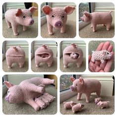 there are many pictures of small pink crocheted animals in different poses and sizes