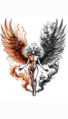 Ideas tattoo for woman Phoenix Tattoo On Thigh For Women, Phoenix And Woman Tattoo, Color Angel Tattoo, Back Tattoos For Women Dragon, Phoenix Tattoo Ideas For Women, Phoenix Tattoo Back Women, Angel Wing Tattoo Designs For Women, Phoenix Back Tattoo Women, Woman Angel Tattoo