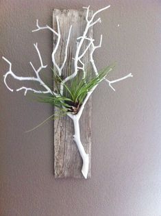 a white vase filled with green plants on top of a wooden wall mounted planter