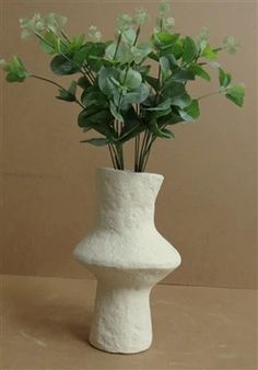 a white vase with some green plants in it