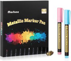 two markers are next to each other in front of a box that says metallic marker fun