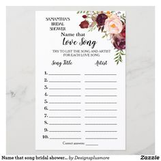 a floral bridal shower game with the words love song written on it and flowers