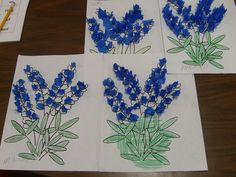 three pictures of blue flowers on paper with colored pencils