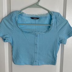 Shein Baby Blue Crop Top With Lace Trim And Button Trim Size Small Fitted Light Blue Tops With Button Closure, Cute Blue Button-up Top, Light Blue Fitted Top With Buttons, Fitted Light Blue Tops With Buttons, Fitted Light Blue Top With Buttons, Cute Blue Tops With Button Closure, Tops Shein, Top With Lace Trim, Blue Crop Top