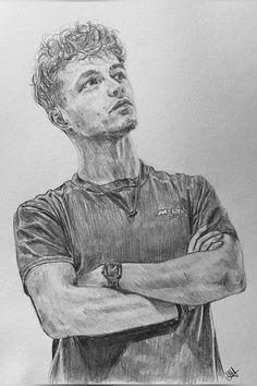 a pencil drawing of a man with his arms crossed and looking up to the sky