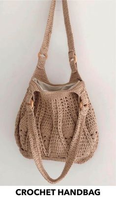 the crochet handbag is hanging up on a wall with text overlaying it