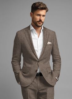 Gain the edge with our Solbiati Linen Anael Jacket, a couture that harmonizes with your charismatic personality and offers timeless luxury. Crafted from pure linen fabric, the jacket grants a gentle and silky profile with a solid finish on a brown hue that lends excellent comfort when worn. Summit up the confidence with our elegantly tailored brown jacket suitable for relaxed instants and formal interactions.   Look Includes  Solbiati Linen Anael Fabric  Two Button Jacket Style  Notch Lapel  Hor Timeless Linen Outerwear With Suit Collar, Formal Linen Sport Coat For Fall, Tailored Timeless Linen Outerwear, Fitted Linen Tweed Jacket With Long Sleeves, Tailored Brown Linen Blazer, Single Breasted Linen Tweed Jacket, Fitted Single Breasted Linen Tweed Jacket, Single-breasted Linen Tweed Jacket With Long Sleeves, Fitted Linen Tweed Jacket With Single Breasted Design