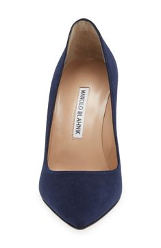 Crafted with a low topline and slender stiletto heel, this iconic pointy-toe pump is made from velvety kid suede in a versatile navy hue. 3 1/2" (90mm) heel (size 38.5) Leather upper, lining and sole Imported Women's Designer Shoes Footwear Design Women, Manolo Blahnik, Stiletto Heel, Women's Pumps, Designer Shoes, Designing Women, Stiletto Heels, Leather Upper, Nordstrom