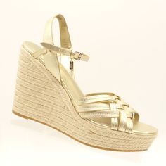 Coach 'Dottie' Brand New No Box! Retail $250 Women's Size 10 Medium Metallic Gold Leather Ankle Strap Buckle Closure Open Toe Woven Straw Platform Sole Platform Wedge Sandal Shoe Heel Height: 4" Platform Height: 1.5" See All Pictures Coach Leather Platform Sandals, Coach High Heel Sandals For Spring, Coach Summer Heels With Heel Strap, Coach Sandals For Summer Evenings, Coach Sandals For Spring Formal Occasions, Spring Gold Leather Wedge Sandals, Elegant Coach Sandals For Spring, Gold Leather Heels For Vacation, Coach Closed Toe Platform Sandals