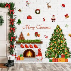 christmas tree and fireplace wall stickers in a living room