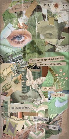 altered collage with words and pictures on it's side, including an eye