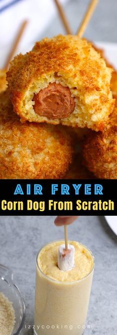 an air fryer corn dog from scratch is served in a glass with a toothpick