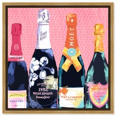 three bottles of champagne are shown on a pink background with polka dots and an orange ribbon