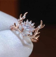 Moissanite Ring For Women Engagement Wedding Jewelry Deer Horn Unique Design 925 Rose Gold Crown Ring, Deer Rings, Halo Wedding Set, Rose Gold Crown, Rose Gold Wedding Jewelry, Gold China, Antler Ring, Elk Antlers, Gothic Rings