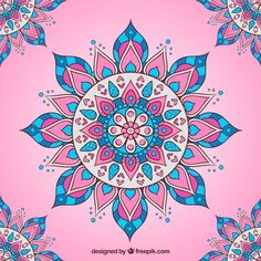 a pink and blue flower with hearts on the petals is featured in this colorful background