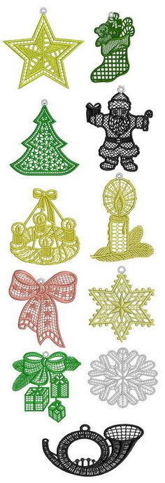 an assortment of christmas ornaments in different colors and designs on white paper with black ink