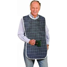 an older man wearing a blue and white checkered bib with his hands in his pockets